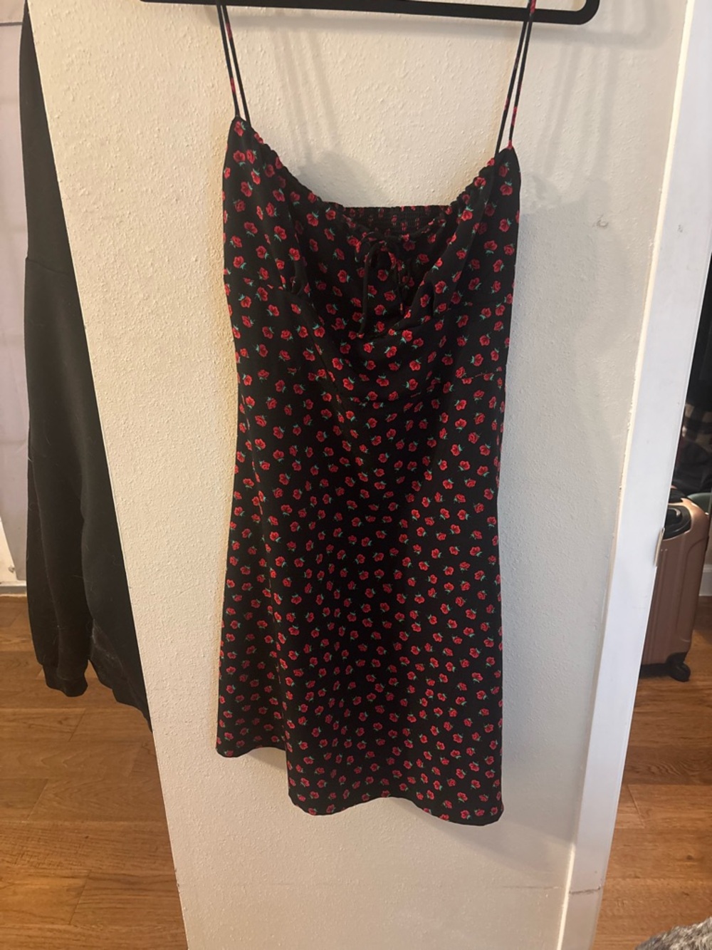 Black Slip Dress with Red Floral Print